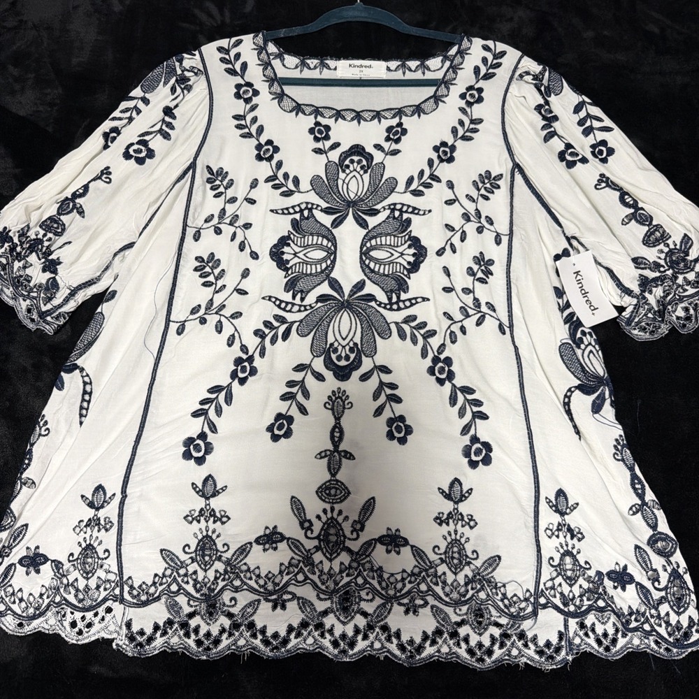 Kindred xAnthropologie Top Sz 2X White Navy‎ Embroidery Boho Romantic